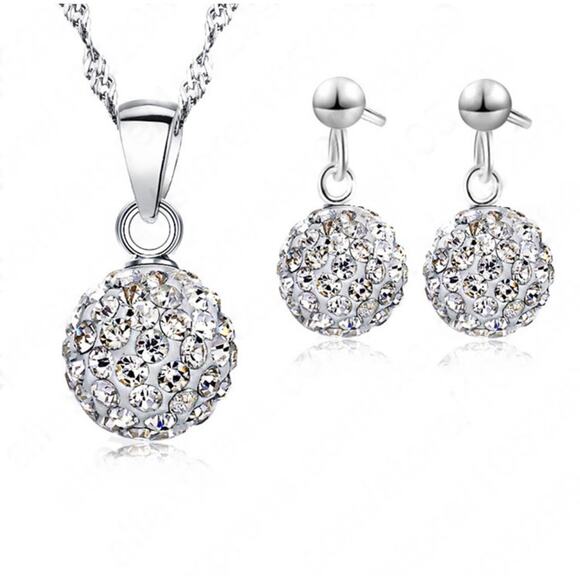 White Crystal Rhinestone Gemstone Birthstone Ball Necklace & Drop Earrings Set - Picture 5 of 5